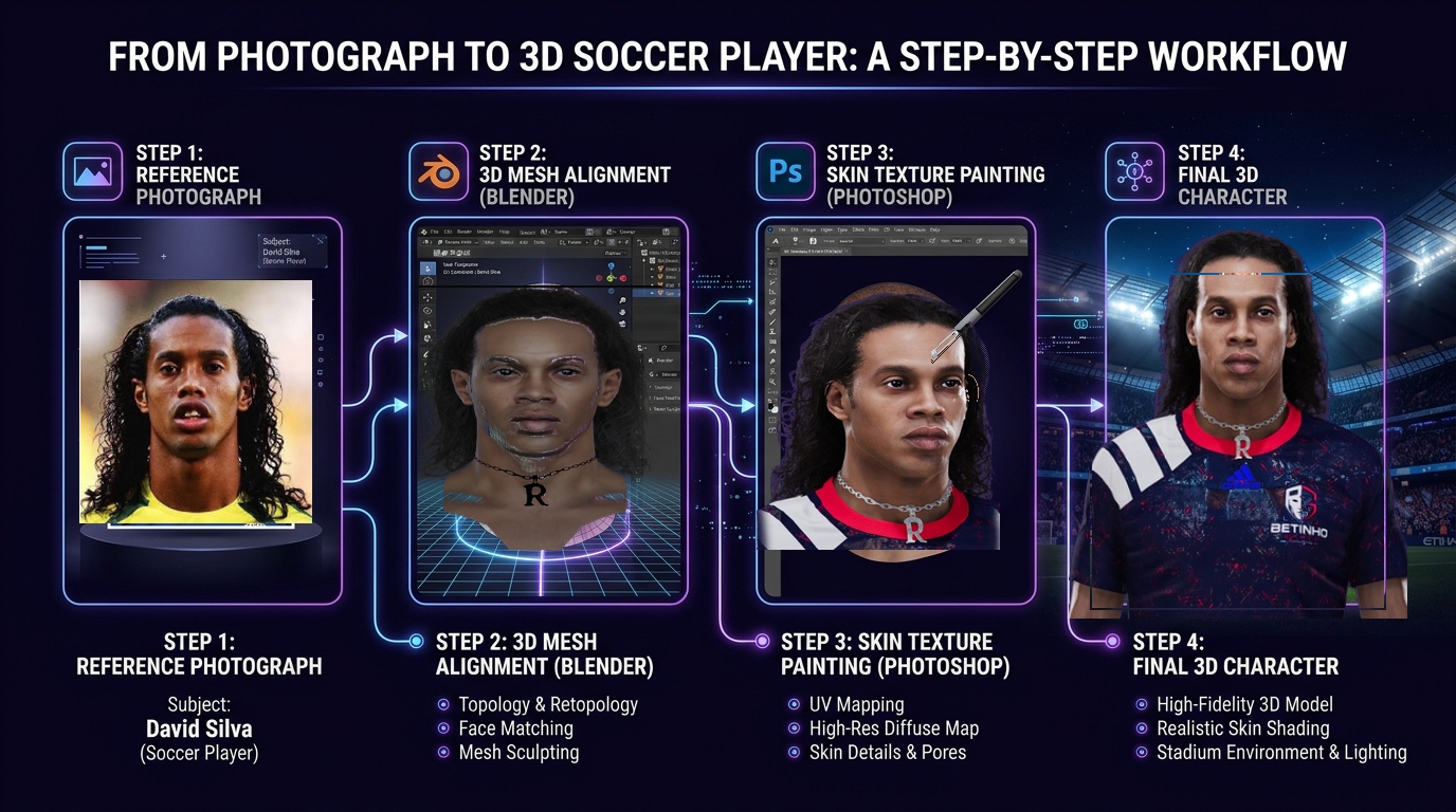 Fluxo completo de transformação de fotografia em face 3D para game de futebol